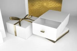 Luxury rigid gift box wrapped with premium white offset paper laminated greyboard