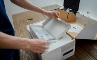 Recycled cardboard smart home device packaging box premium paperboard packaging with protective insert sustainable packaging for smart speaker or IoT device
