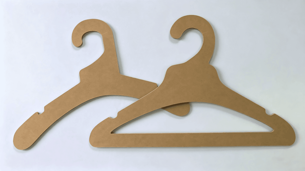 Kraft paper garment hanger made from laminated kraft paperboard for sustainable clothing display and retail use