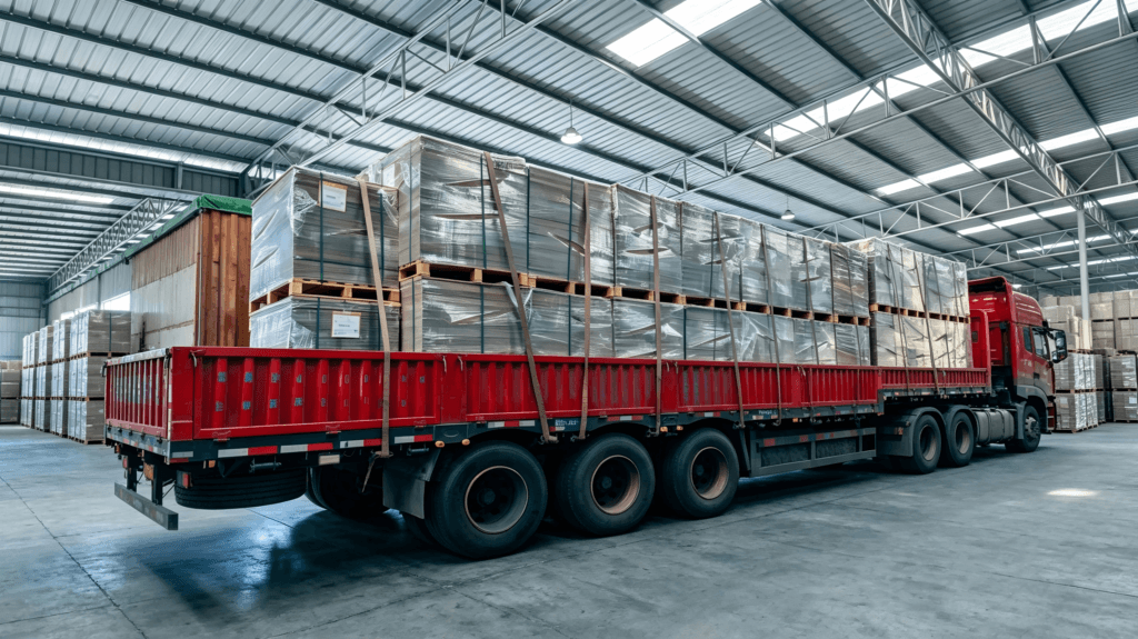 Finished Black Paper Laminated Greyboard sheets being loaded for international shipment