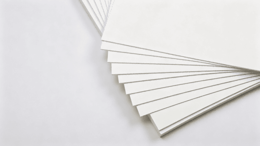 Food grade C2S paperboard, fanned‑out white coated paper sheets, food‑safe packaging paperboard stock on neutral grey background