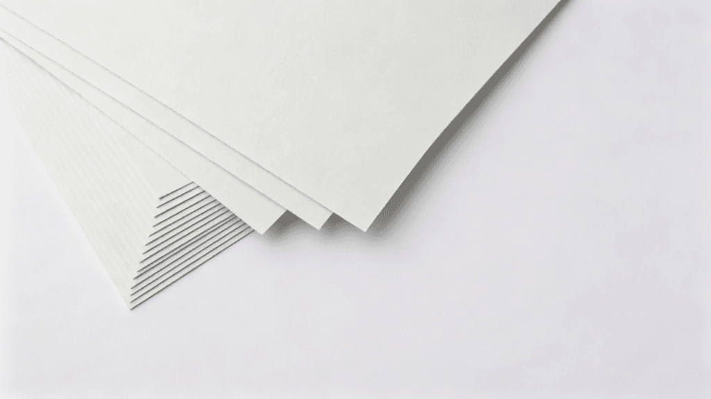 Food grade C2S paperboard, stacked white coated paper sheets, plain light gray background, premium food‑safe paper board material