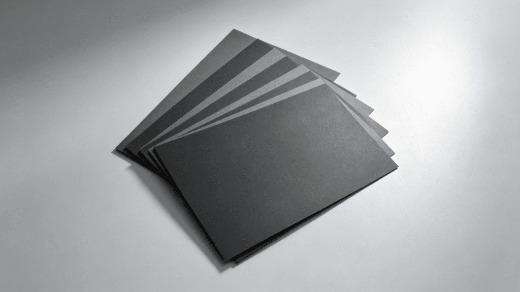 Single‑Sided Through‑Black Paperboard, matte black core cardboard sheets curled by hand, B2B paper product e‑commerce showcase, white background