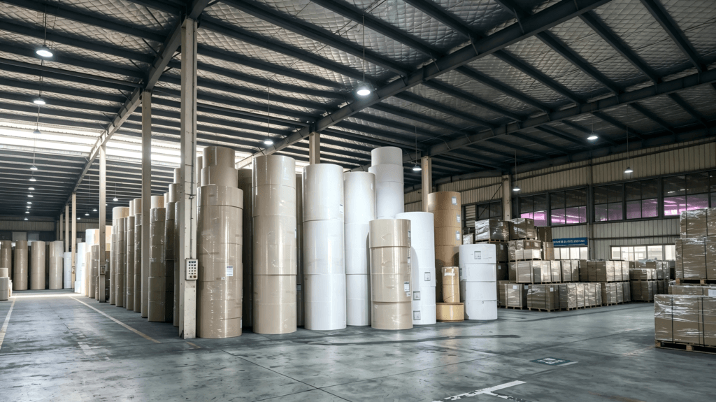 Paperboard warehouse showing stable inventory and supply chain capability