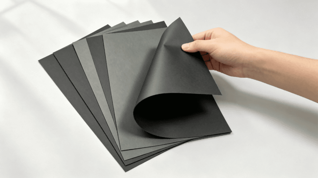 Black paperboard sheets, various GSM thickness, single sided and double sided black cardboard, real product shot, different blackness and stiffness for premium packaging, gift boxes and book covers, white background commercial photography