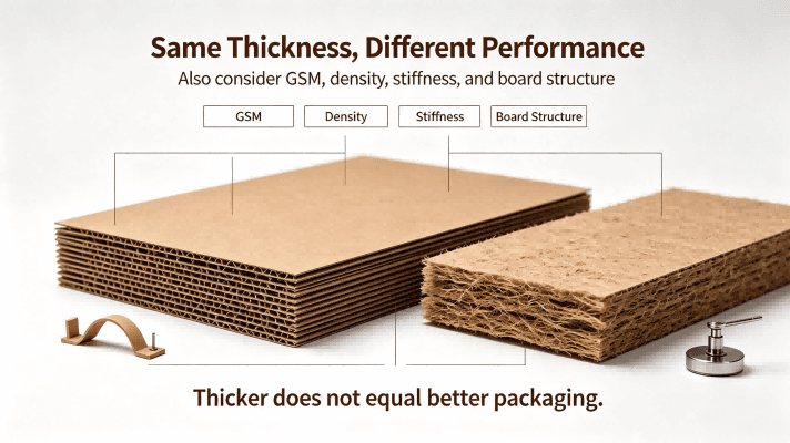 Chipboard thickness reference chart, brown chipboard sheets on white background