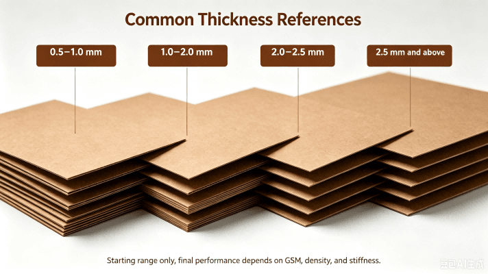 Different chipboard thickness samples for packaging design, brown cardboard sheets with thickness range markers, professional product photography