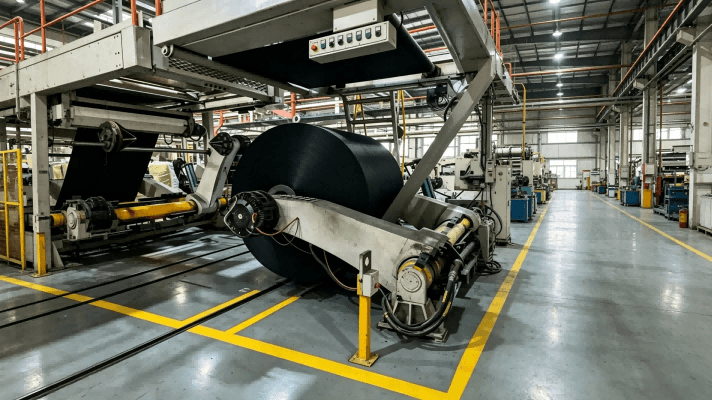 Factory production line with large roll of black paperboard, industrial papermaking machine manufacturing black cardboard, workshop real shot, bulk raw black paper roll for packaging
