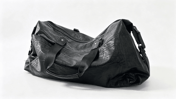 Side view of black leather duffle bag, greyboard chipboard as internal structural support for handbag
