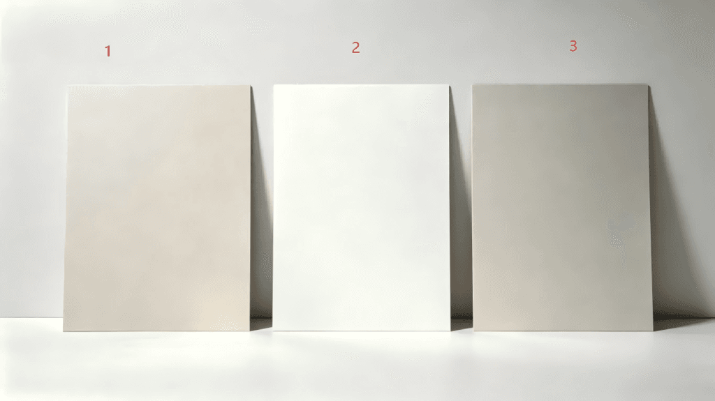 Three grades of greyboard sample comparison, light beige, pure white and natural grey paper boards, flat no shadow, greyboard material display
