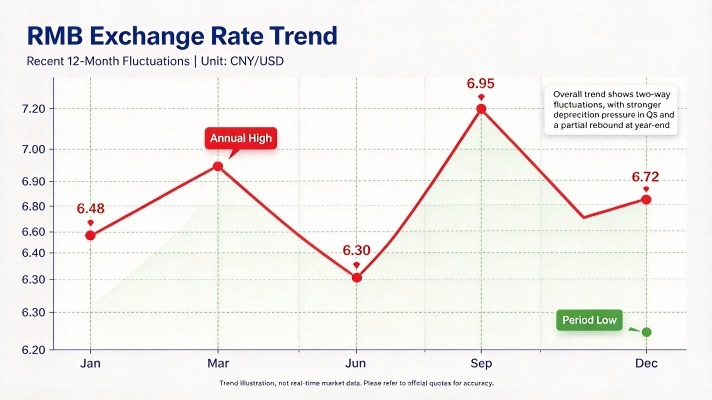 RMB exchange rate trend chart showing 12-month CNY/USD fluctuations, with the annual high at 6.95 in September and a partial rebound to 6.72 in December.