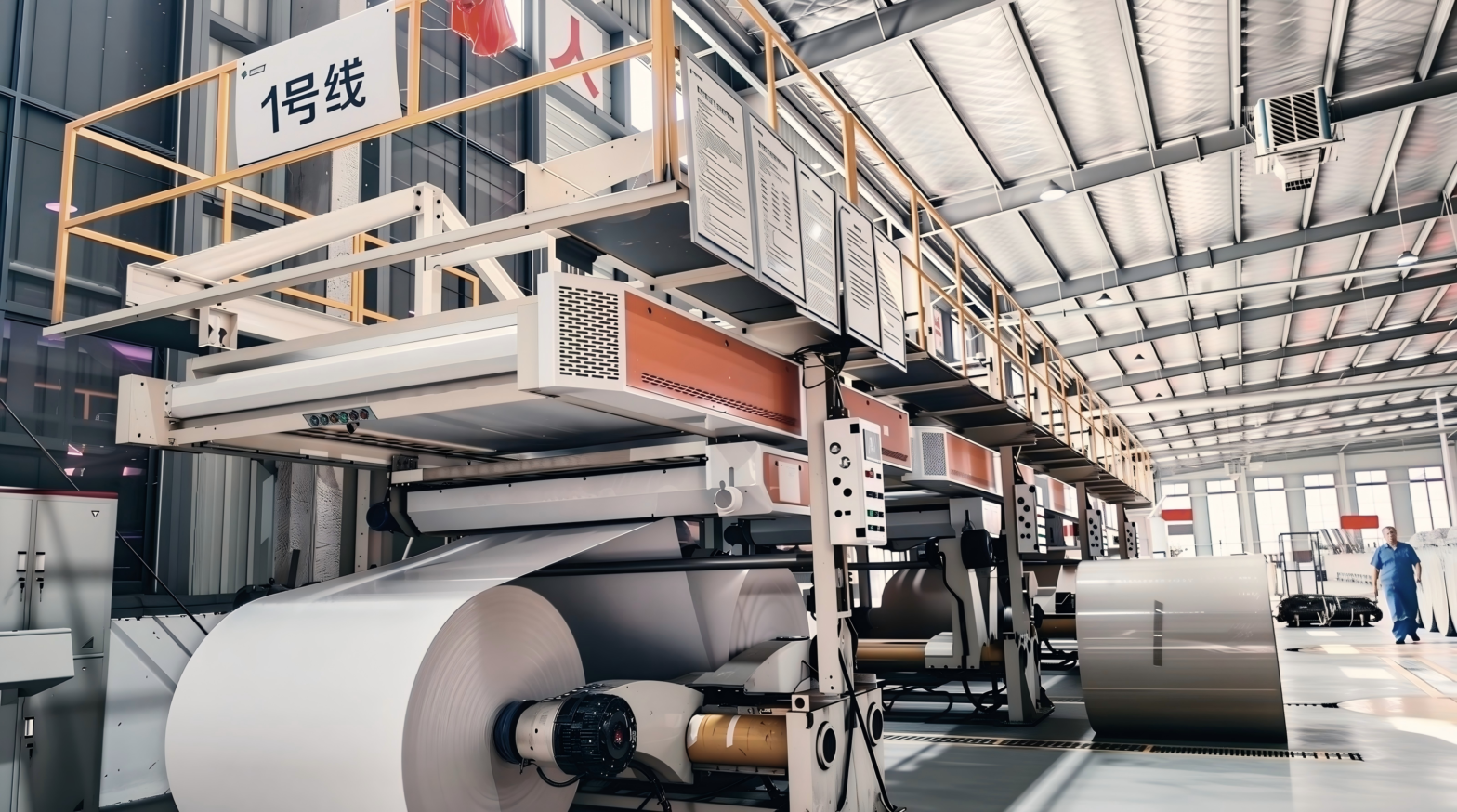 Composite greyboard manufacturing facility showing multi-base production system, quality control testing of paperboard thickness and rigidity, and industrial packaging materials for gift box applications in a modern B2B factory environment.Select 62 more words to run Humanizer.