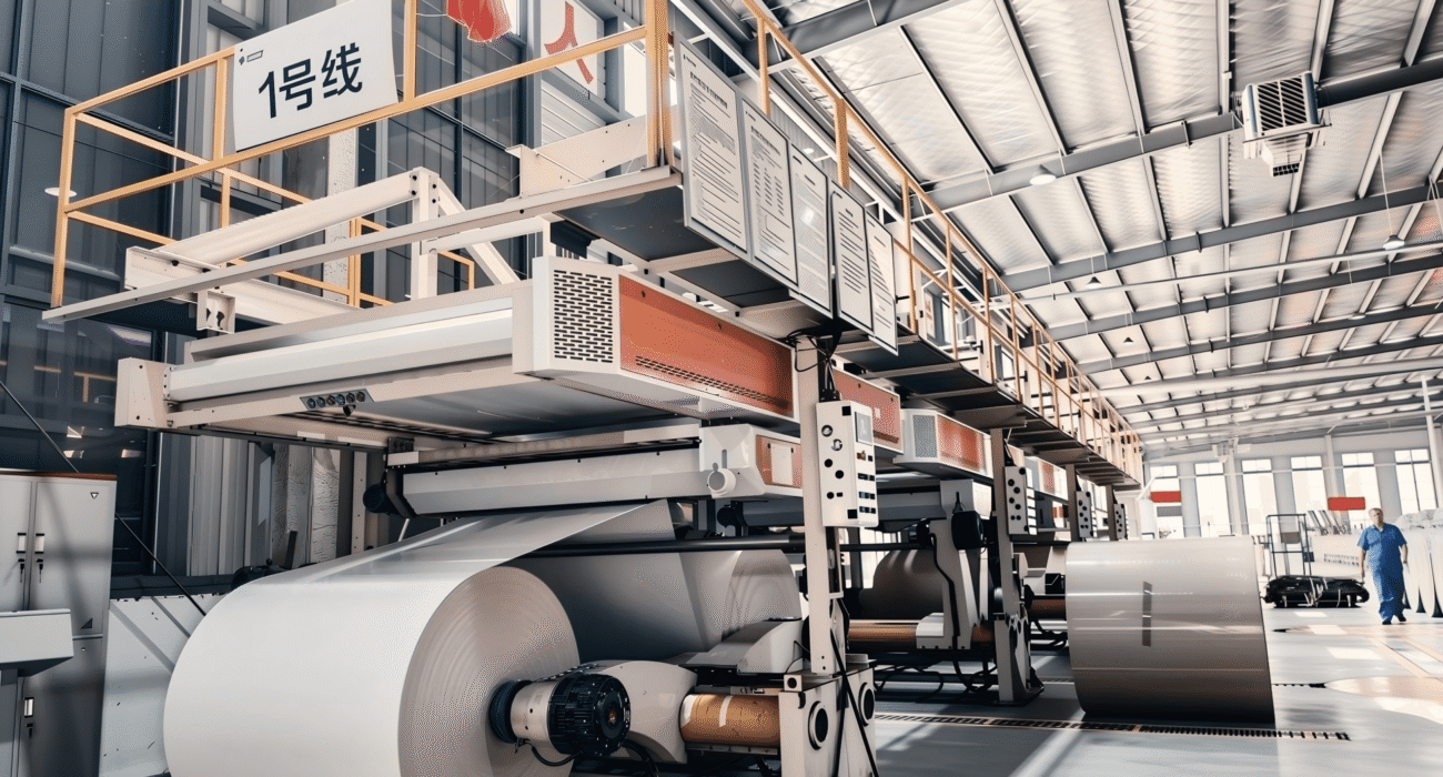 Composite greyboard manufacturing facility showing multi-base production system, quality control testing of paperboard thickness and rigidity, and industrial packaging materials for gift box applications in a modern B2B factory environment.Select 62 more words to run Humanizer.