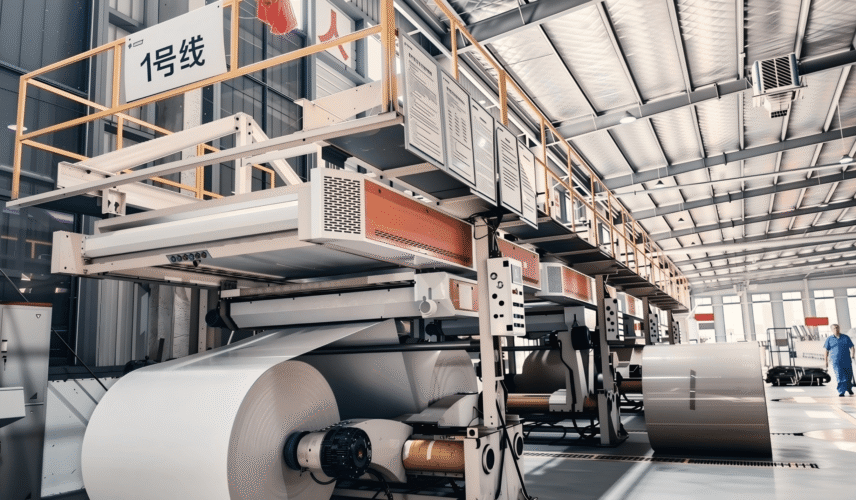 Composite greyboard manufacturing facility showing multi-base production system, quality control testing of paperboard thickness and rigidity, and industrial packaging materials for gift box applications in a modern B2B factory environment.Select 62 more words to run Humanizer.