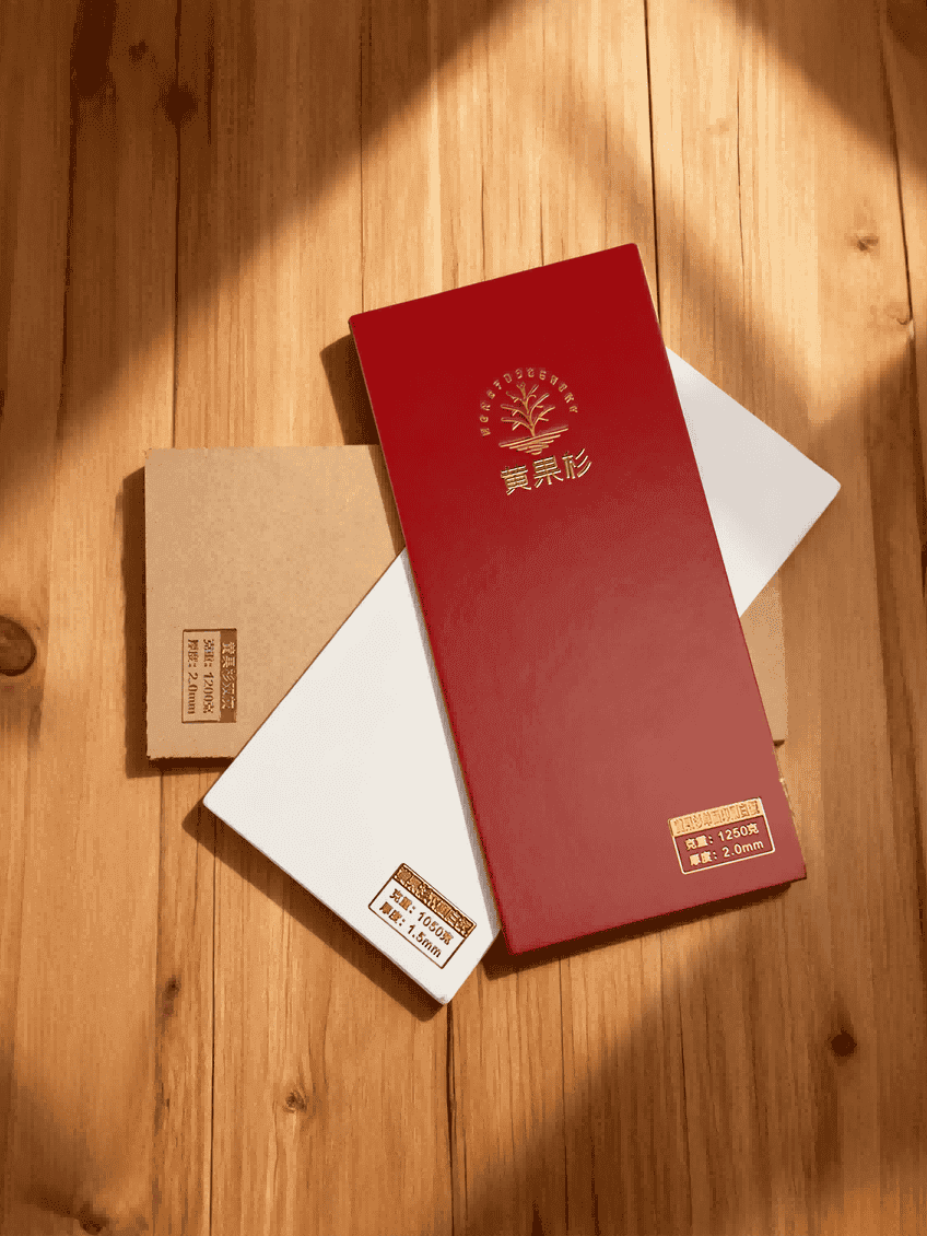 代表性纸样黄果杉 Yellow Cedar paperboard featuring natural yellow fiber color.