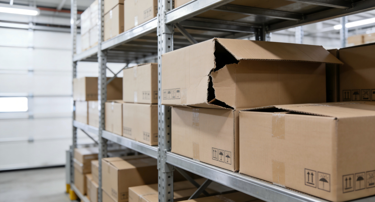 High-strength composite greyboard export packaging boxes showing slight deformation and corner collapse, illustrating international shipping challenges