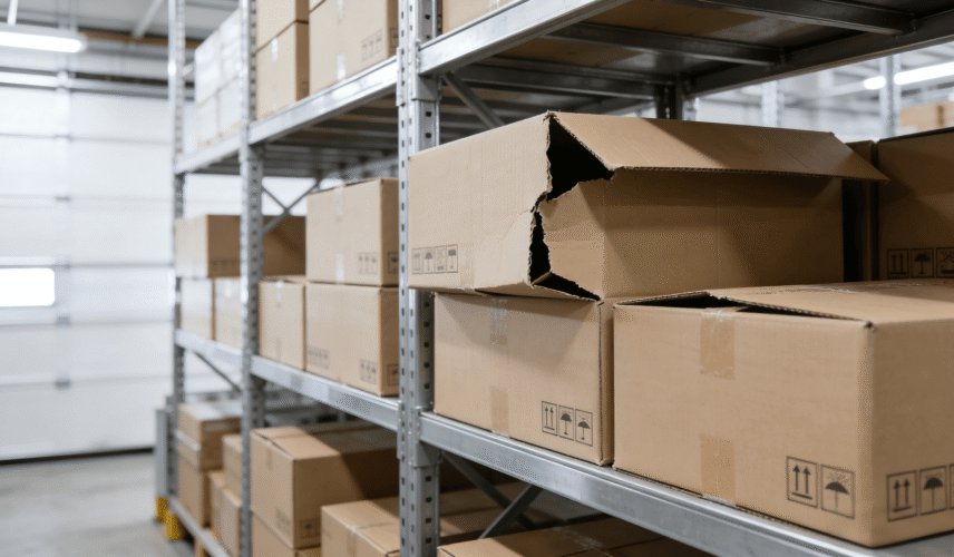 High-strength composite greyboard export packaging boxes showing slight deformation and corner collapse, illustrating international shipping challenges