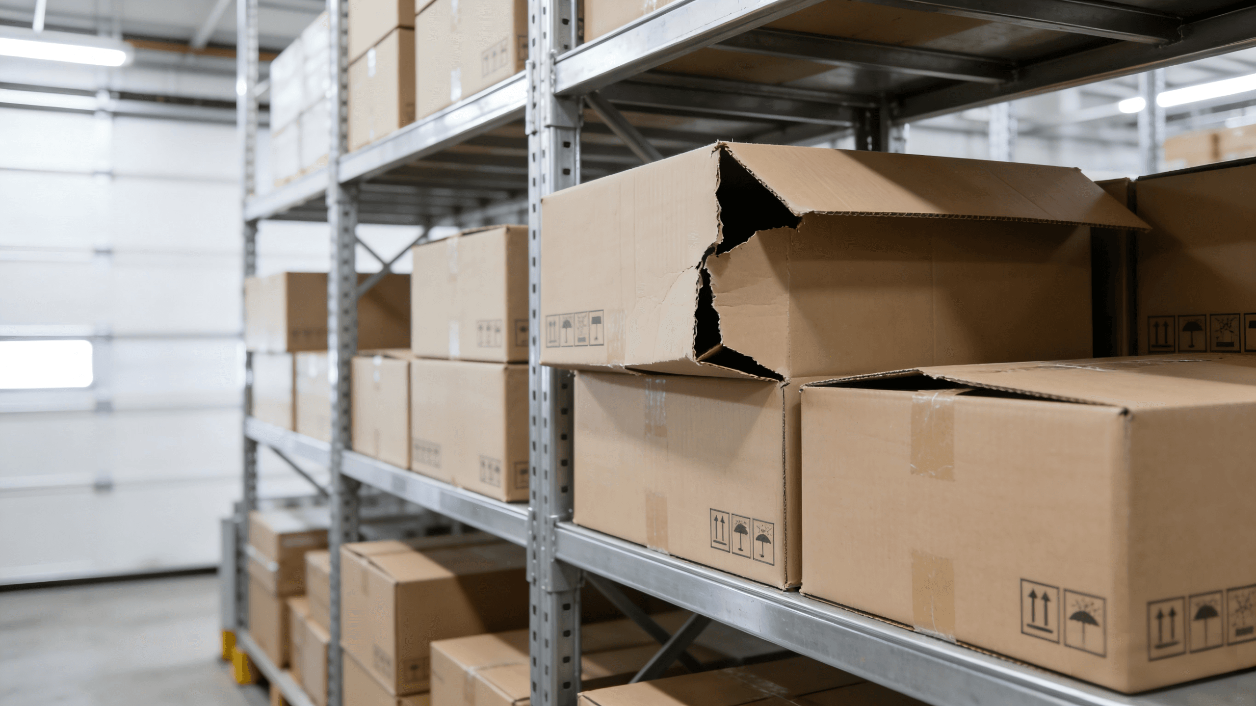 High-strength composite greyboard export packaging boxes showing slight deformation and corner collapse, illustrating international shipping challenges