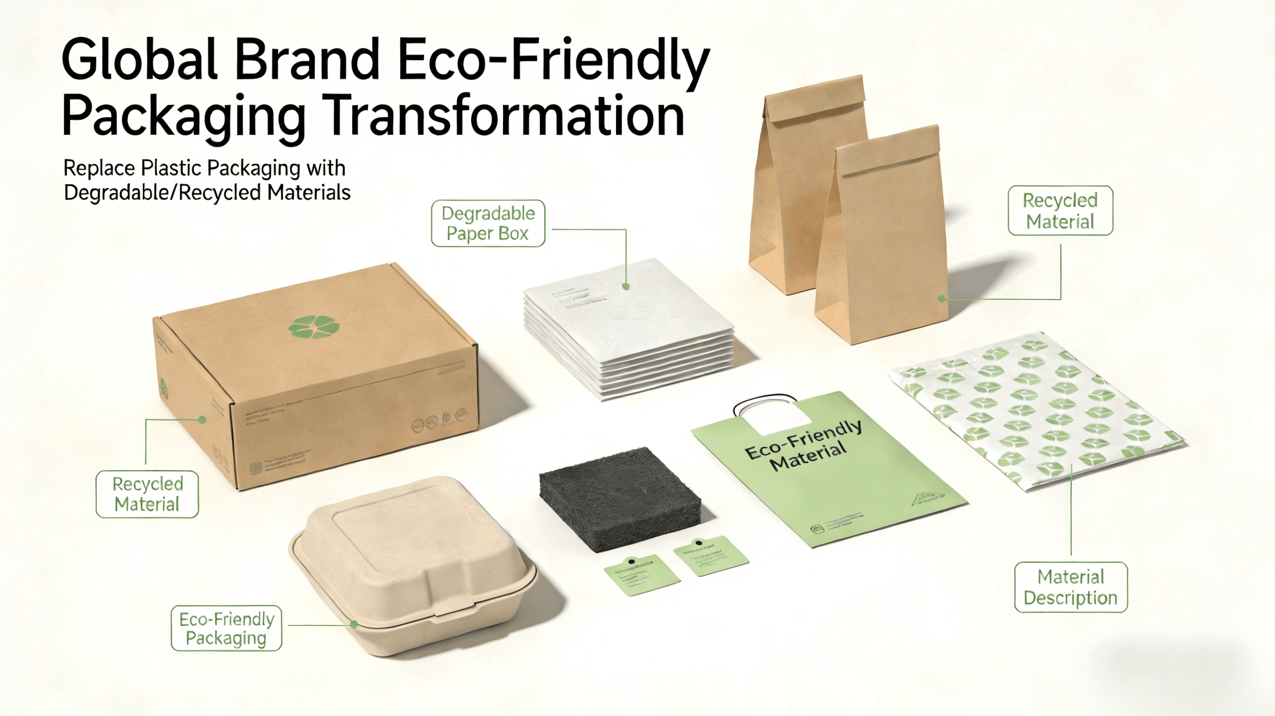 Sustainable alternatives to plastic packaging for global brands, showing eco-friendly paper-based packaging materials
