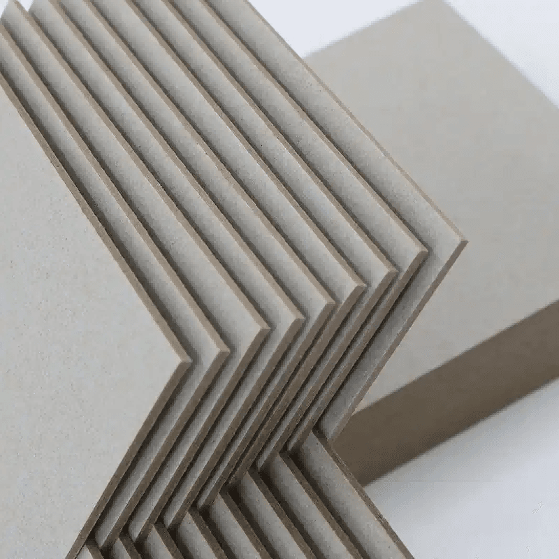Laminated greyboard structure showing multi-layer composition for rigid gift boxes