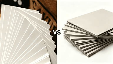 Greyboard and white cardboard comparison showing rigid grey recycled board versus smooth white printable carton board used in gift box packaging.