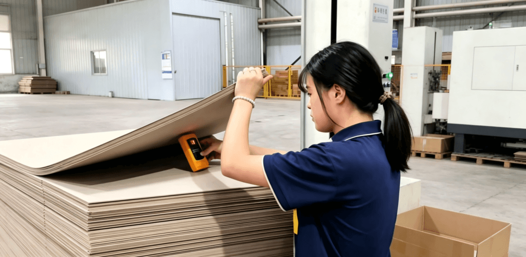 Worker measuring moisture content of grey board during packaging material quality inspection