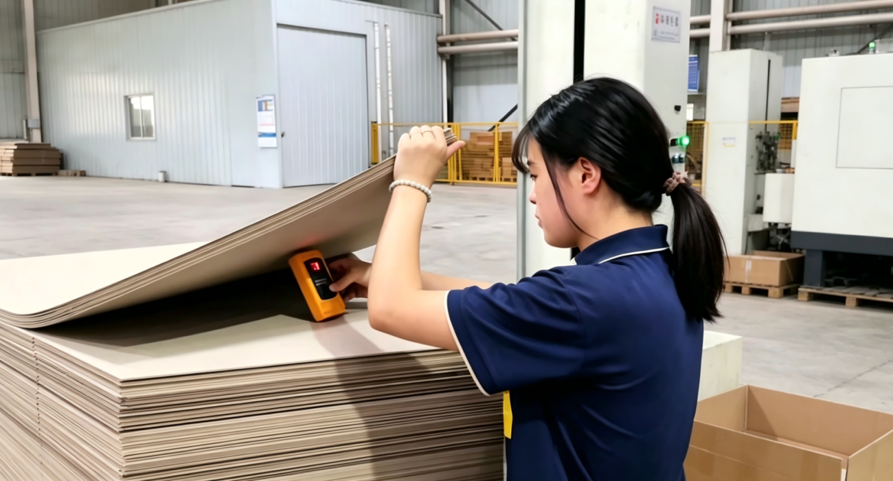 Worker measuring moisture content of grey board during packaging material quality inspection