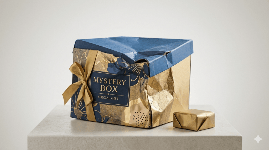 Collapsed rigid gift box damaged during shipping due to weak greyboard structure