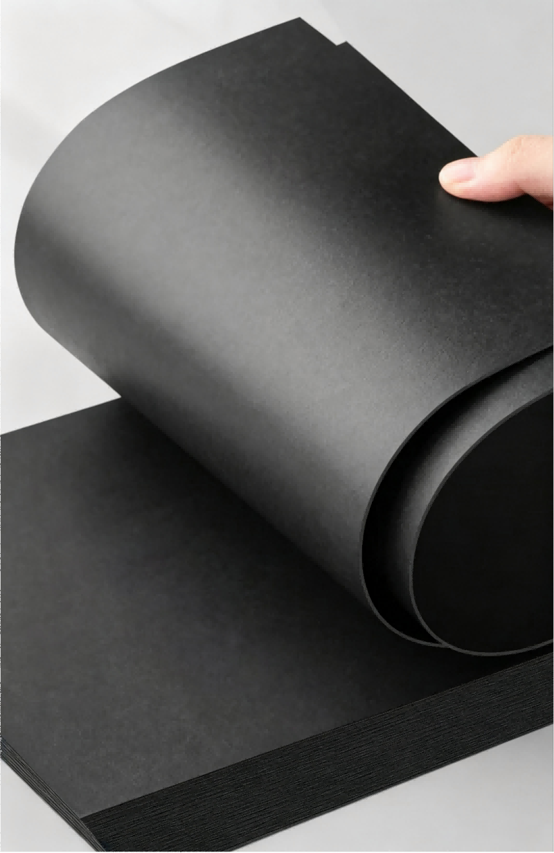 Black Cardboard, flexible black paperboard from China manufacture, shows bending‑resistance performance for packaging box production Black Cardboard, flexible black paperboard from China manufacture, shows bending‑resistance performance for packaging box production