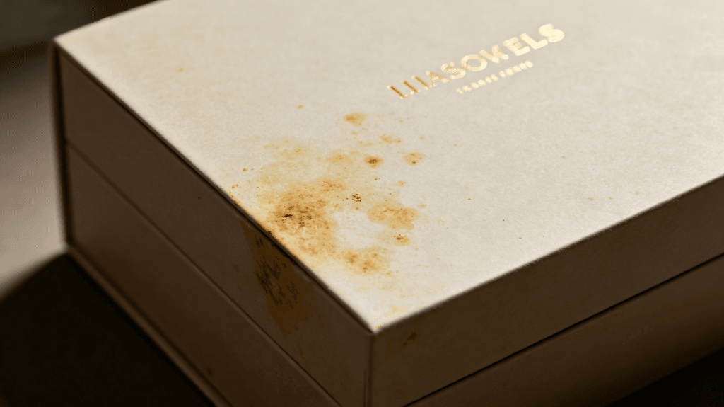 White rigid gift box with yellow stains caused by grey board quality problems after long-term storage