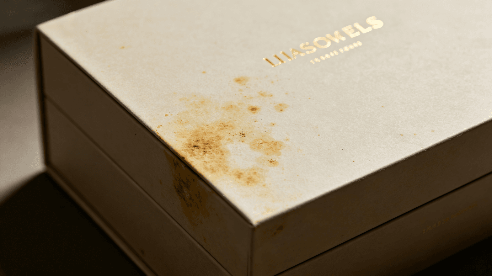 White rigid gift box with yellow stains caused by grey board quality problems after long-term storage