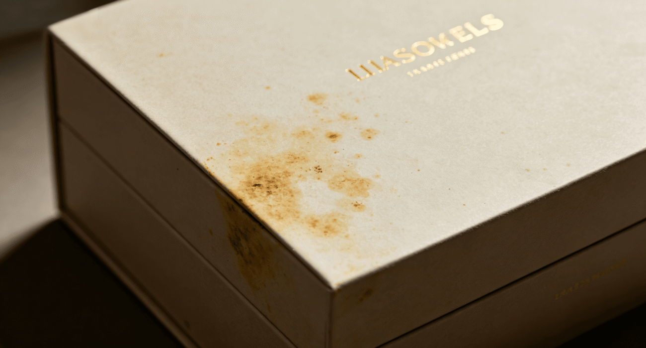 White rigid gift box with yellow stains caused by grey board quality problems after long-term storage