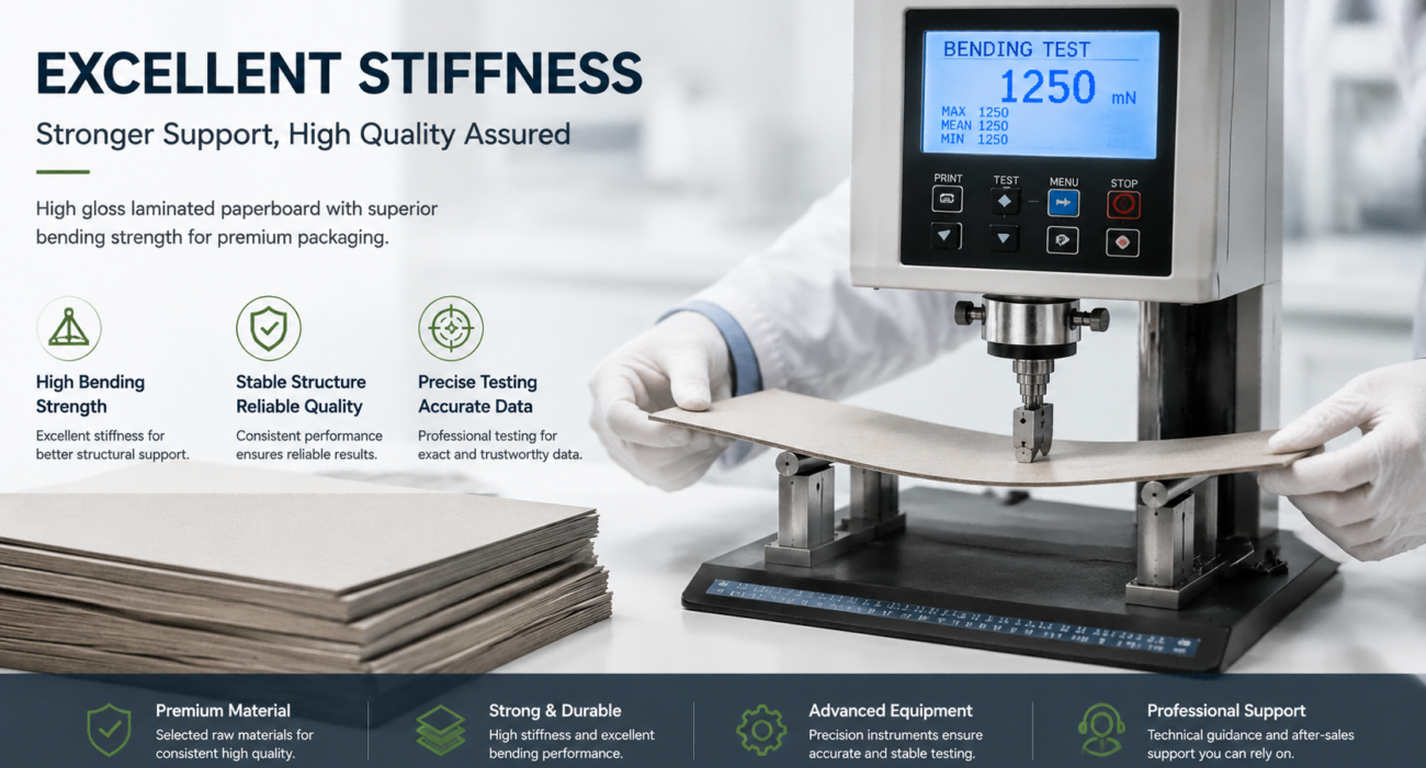 High gloss laminated paperboard stiffness testing with bending strength evaluation for premium packaging