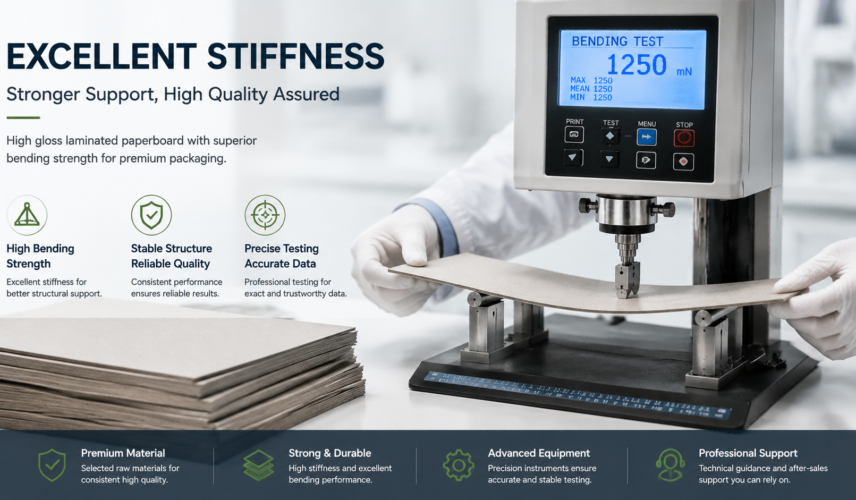 8966f437-b78a-4d28-8dc5-867dc36b16fd High gloss laminated paperboard stiffness testing with bending strength evaluation for premium packaging