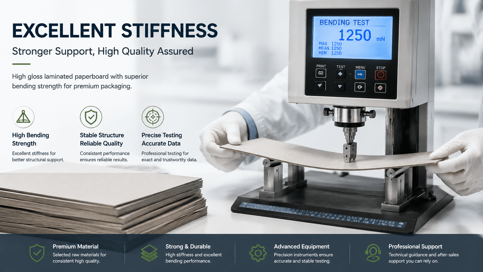 High gloss laminated paperboard stiffness testing with bending strength evaluation for premium packaging