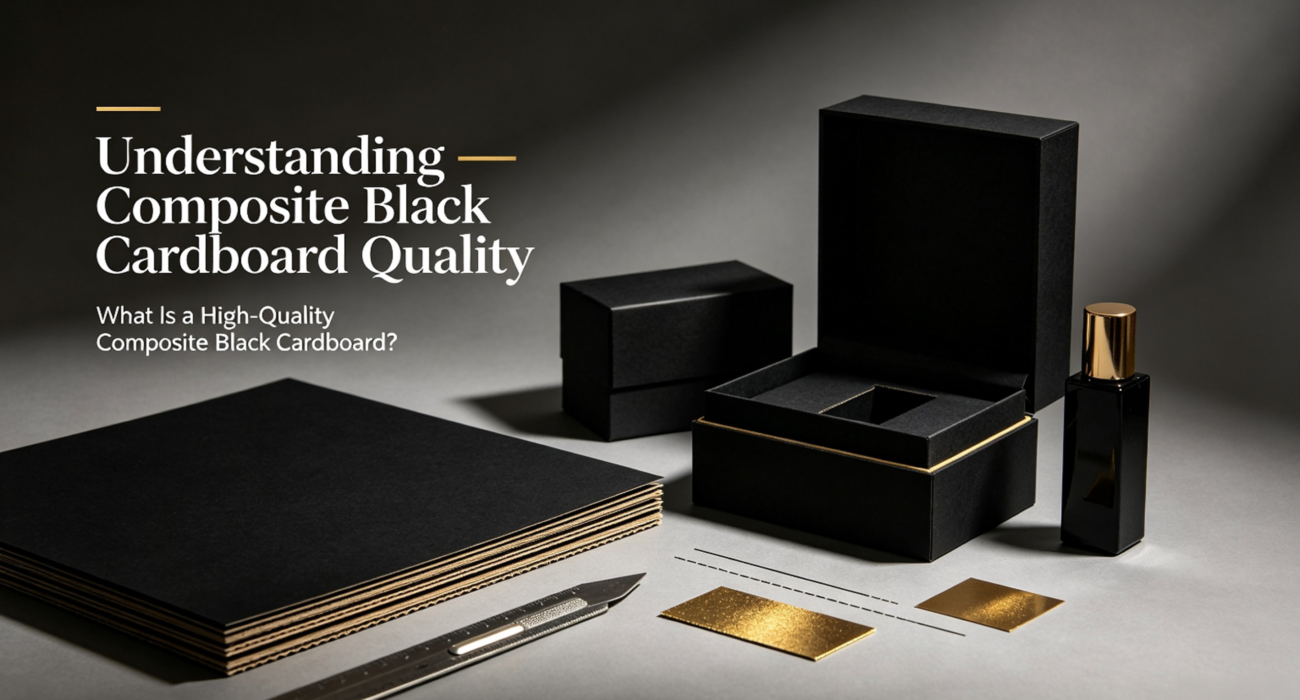 Understanding composite black cardboard quality, luxury cosmetic gift boxes made from composite black cardboard, paper sheets, packaging production scene, 16:9 blog cover