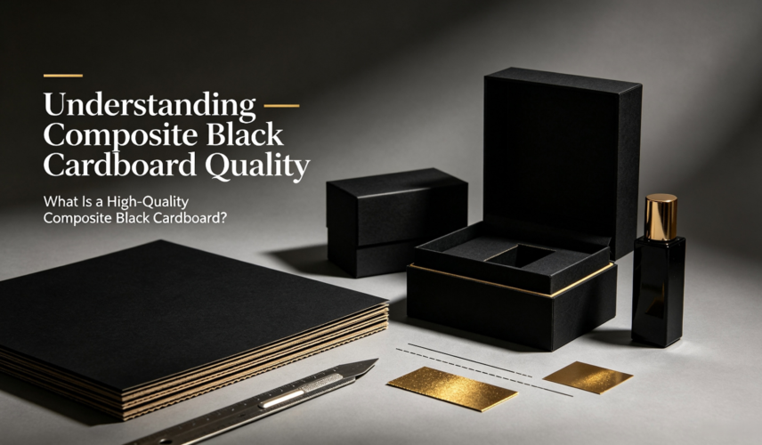 Understanding composite black cardboard quality, luxury cosmetic gift boxes made from composite black cardboard, paper sheets, packaging production scene, 16:9 blog cover