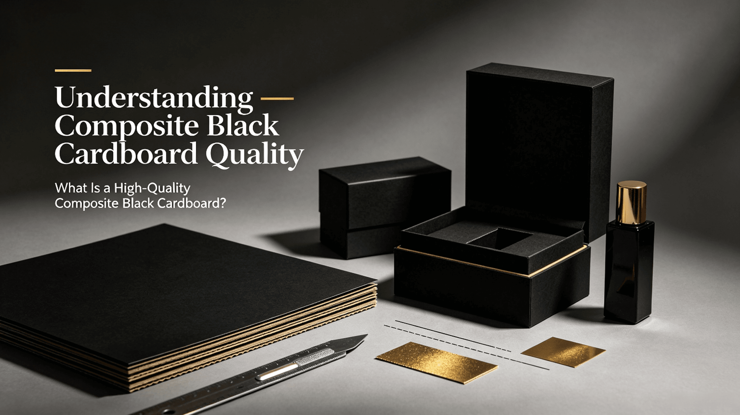 Understanding composite black cardboard quality, luxury cosmetic gift boxes made from composite black cardboard, paper sheets, packaging production scene, 16:9 blog cover