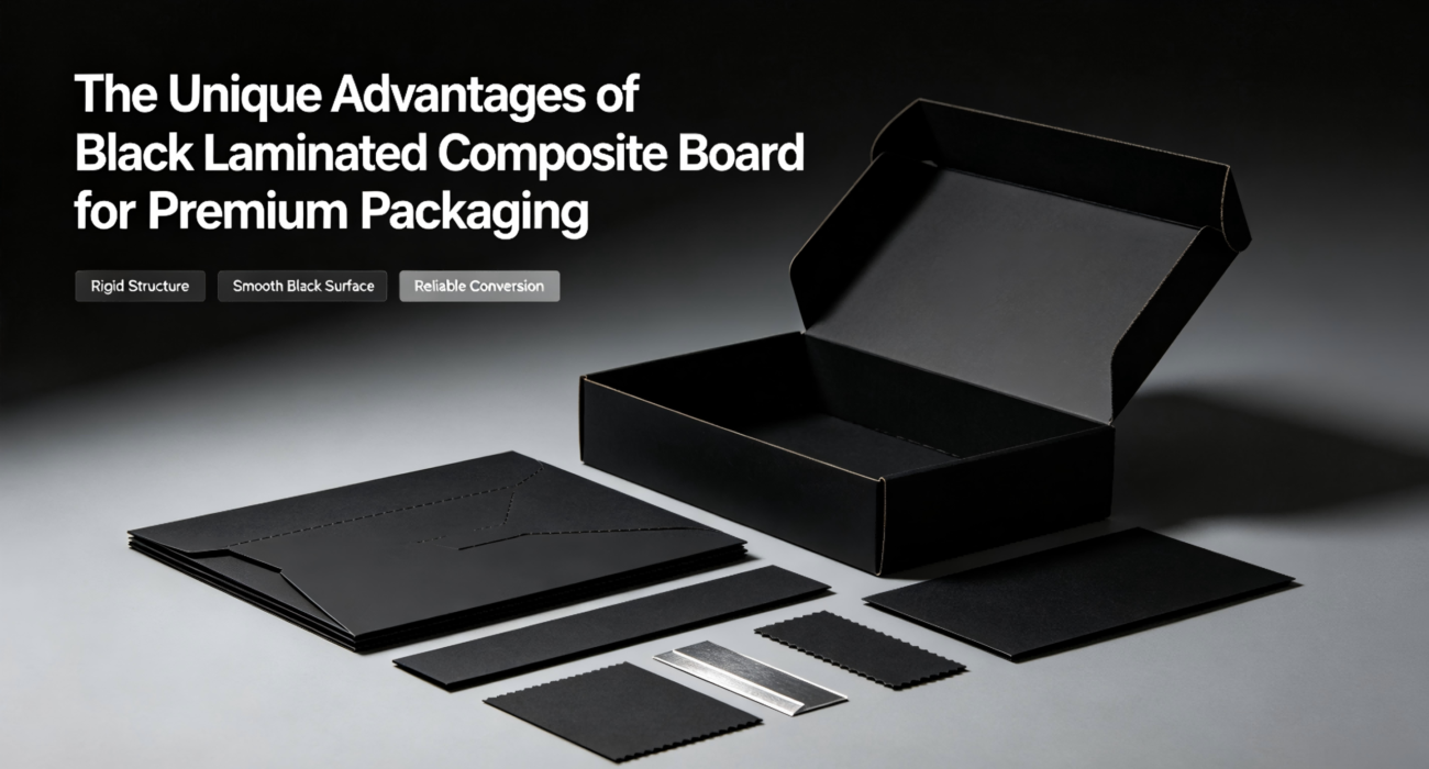 Black laminated composite board for premium packaging, showing black gift box, rigid board texture, and high-end packaging material solution for luxury gifts, cosmetics, and wine boxes.