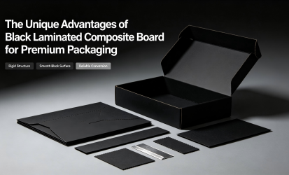 Black laminated composite board for premium packaging, showing black gift box, rigid board texture, and high-end packaging material solution for luxury gifts, cosmetics, and wine boxes.