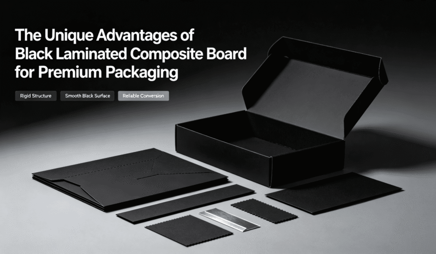 Black laminated composite board for premium packaging, showing black gift box, rigid board texture, and high-end packaging material solution for luxury gifts, cosmetics, and wine boxes. Black laminated composite board for premium packaging, showing black gift box, rigid board texture, and high-end packaging material solution for luxury gifts, cosmetics, and wine boxes.