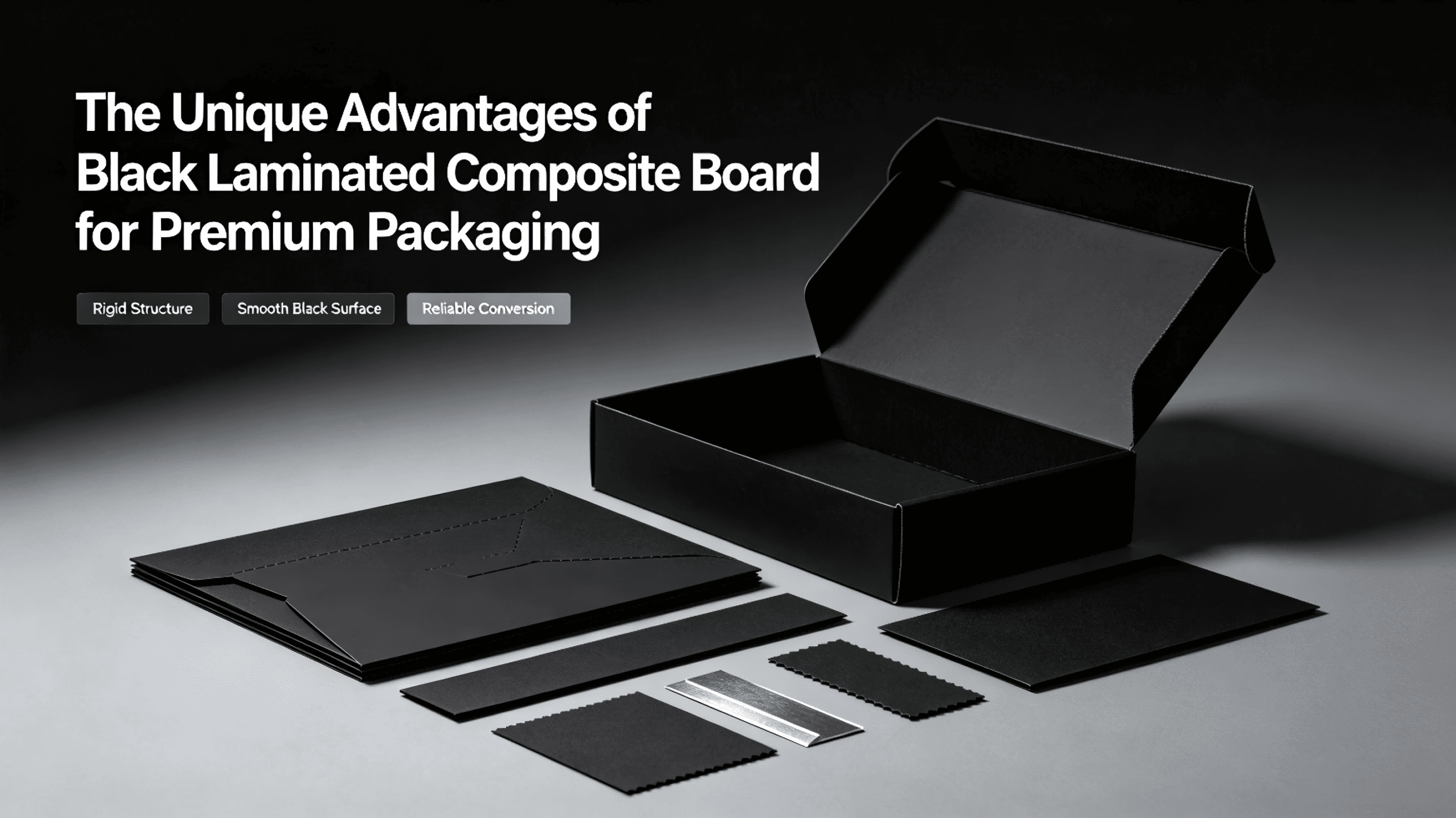 Black laminated composite board for premium packaging, showing black gift box, rigid board texture, and high-end packaging material solution for luxury gifts, cosmetics, and wine boxes.