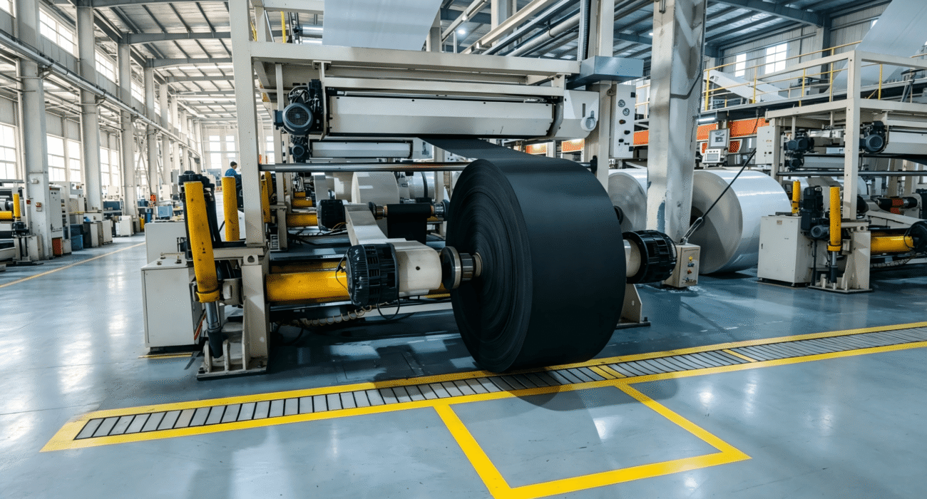 Black paper rolls on the production line for manufacturing Black Paper Laminated Greyboard