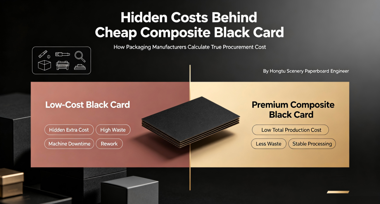Blog cover comparing cheap vs premium composite black card hidden procurement costs for packaging factories
