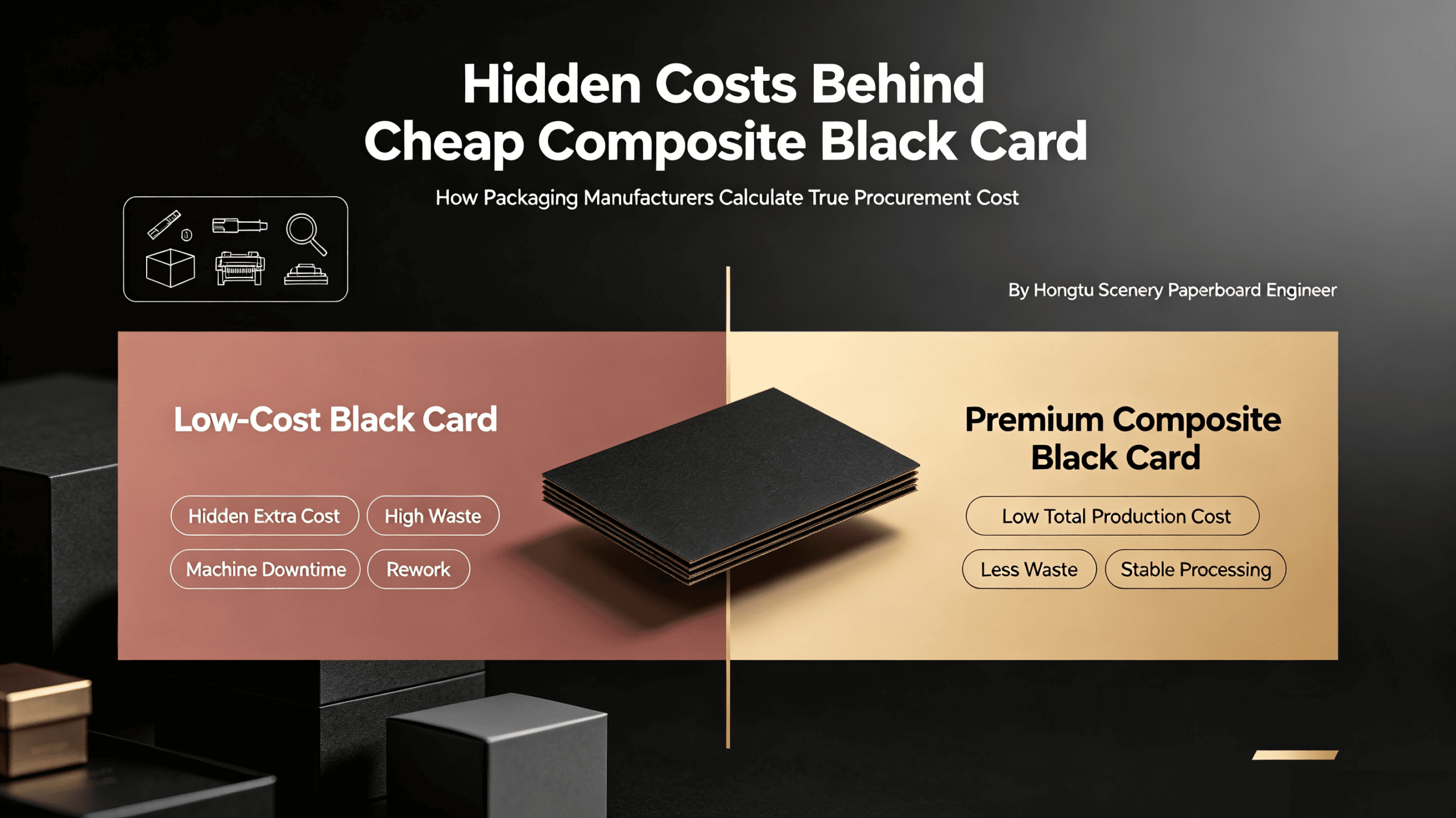 Blog cover comparing cheap vs premium composite black card hidden procurement costs for packaging factories