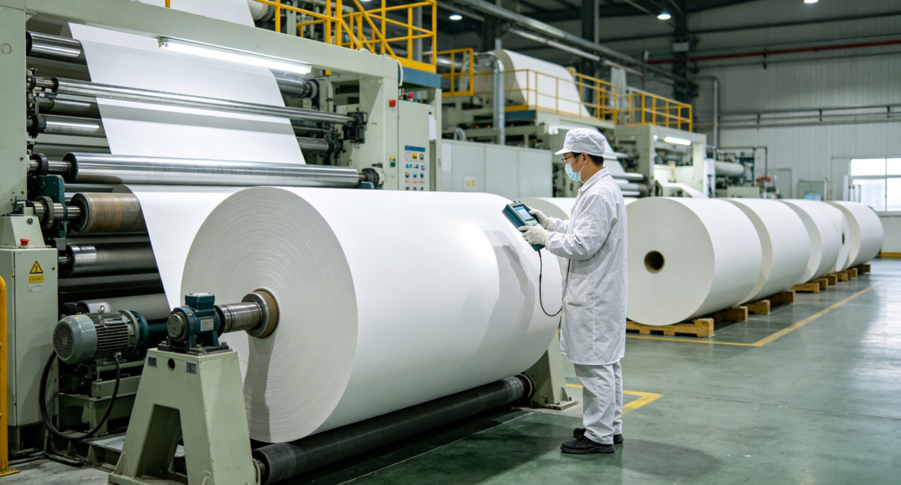 Modern Chinese SBS paperboard manufacturing plant, large paper rolls production line with export shipping containers, global paper supply chain