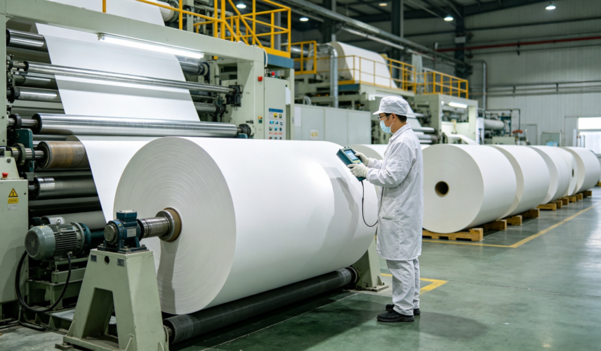 Modern Chinese SBS paperboard manufacturing plant, large paper rolls production line with export shipping containers, global paper supply chain Modern Chinese SBS paperboard manufacturing plant, large paper rolls production line with export shipping containers, global paper supply chain