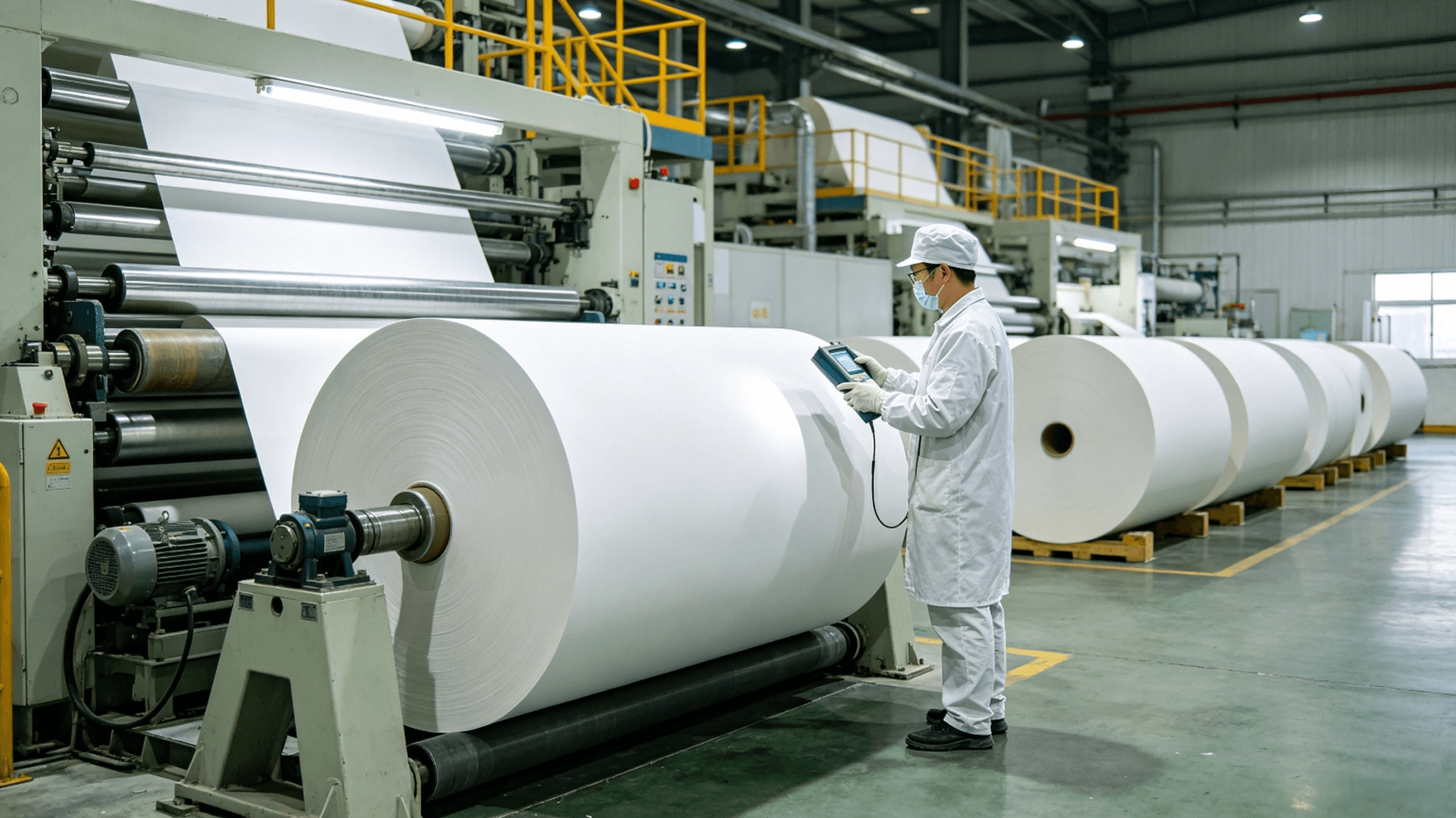 Modern Chinese SBS paperboard manufacturing plant, large paper rolls production line with export shipping containers, global paper supply chain