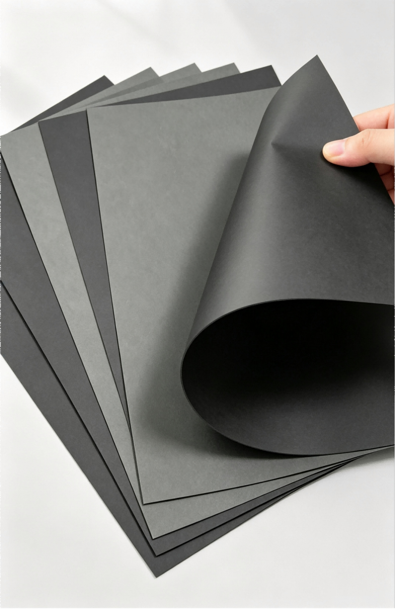 Single‑Sided Through‑Black Paperboard, matte solid black cardboard sheet, hand bending paper showing flexibility, thick black paper board on light grey background Single‑Sided Through‑Black Paperboard, matte solid black cardboard sheet, hand bending paper showing flexibility, thick black paper board on light grey background