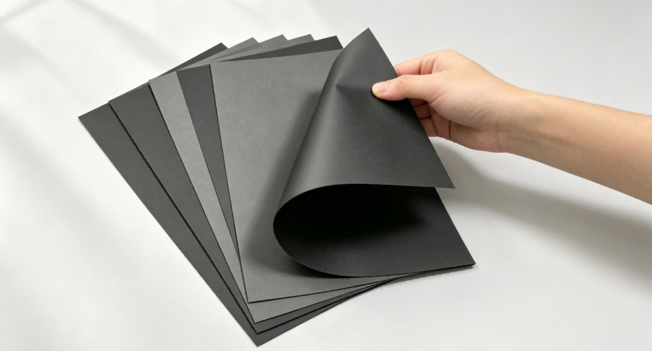 Black paperboard sheets, various GSM thickness, single sided and double sided black cardboard, real product shot, different blackness and stiffness for premium packaging, gift boxes and book covers, white background commercial photography